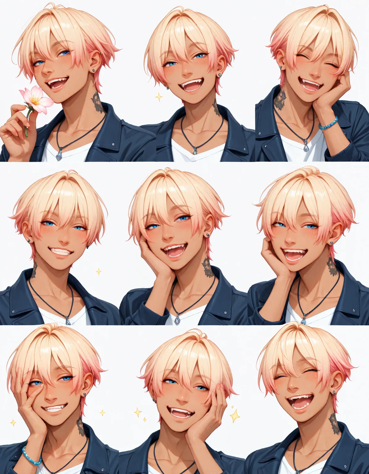 (depth of field, bokeh, highly detailed, absurdres, high_quality, newest, incredibly_absurdres, very_aesthetic)
(KKL-Illu, solo, blush, looking_at_viewer, smile, short_hair, open_mouth, blue_eyes, blonde_hair, simple_background, eyebrows_visible_through_hair, white_background, 1boy, original, holding, jewelry, collarbone, closed_eyes, jacket, pink_hair, flower, upper_body, :d, male_focus, earrings, parted_lips, teeth, fang, dark_skin, hand_up, necklace, hair_over_one_eye, bracelet, sparkle, tattoo, multiple_views, fangs, happy, half-closed_eyes, fire, eyes_visible_through_hair, piercing, dark-skinned_male, portrait, ear_piercing, hand_on_own_face, smirk, hand_on_own_cheek, holding_flower, laughing, expressions)