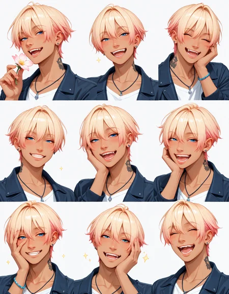 (depth of field, bokeh, highly detailed, absurdres, high_quality, newest, incredibly_absurdres, very_aesthetic)
(KKL-Illu, solo, blush, looking_at_viewer, smile, short_hair, open_mouth, blue_eyes, blonde_hair, simple_background, eyebrows_visible_through_hair, white_background, 1boy, original, holding, jewelry, collarbone, closed_eyes, jacket, pink_hair, flower, upper_body, :d, male_focus, earrings, parted_lips, teeth, fang, dark_skin, hand_up, necklace, hair_over_one_eye, bracelet, sparkle, tattoo, multiple_views, fangs, happy, half-closed_eyes, fire, eyes_visible_through_hair, piercing, dark-skinned_male, portrait, ear_piercing, hand_on_own_face, smirk, hand_on_own_cheek, holding_flower, laughing, expressions)