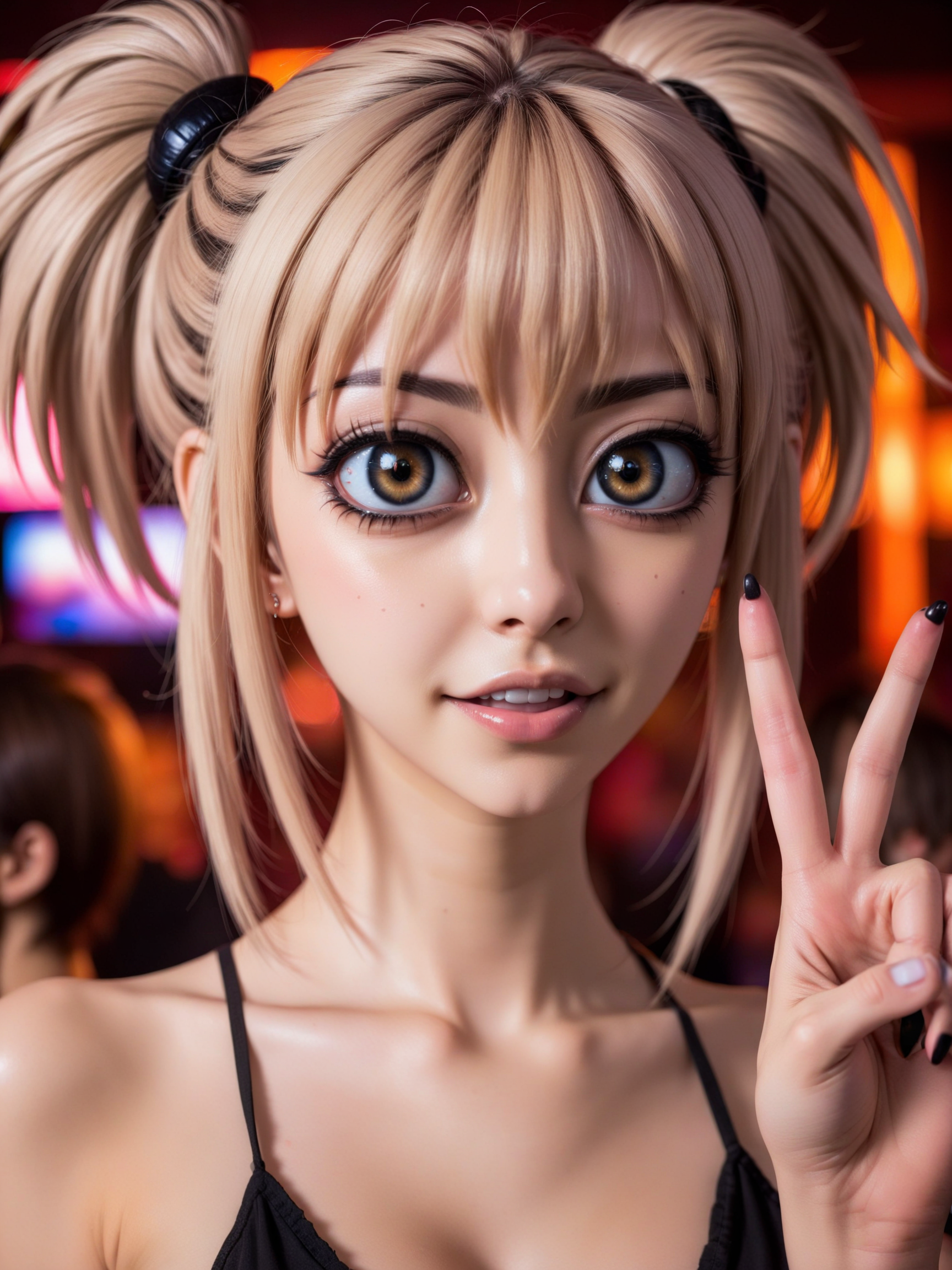 <lora:bigeyes-v2_16x8-4x1-000003:1>, (big anime eyes, huge anime eyes:1)
<lora:lori aerly big eyes 1b_lori aerly big eyes woman:0.2>,
a realistic photograph of woman with anime hair and a long neck
giving a peace sign and smiling
in a club