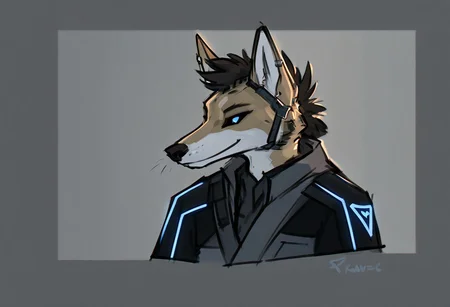 score_9, score_8_up, score_7_up, score_6_up, ((masterpiece)), (coyote, male), solo, anthro, perfectly rendered face, correct eyes, dark grey background, interior, sci-fi, computers in background, silhouette, outline, solo focus, vignette, dim lighting, side lighting, pointing, looking left, smirk, edgy expression, (head tilt), portrait, waist-up, skinny, clothed, kemono, eastern clothing, dark clothing, sideburns, dark hair, black sclera, blue eyes, black mohawk mane, face piercings, ear piercings, wintertide, blue insignia, shoulderpad, armor, straps, buckles, pouches, zPDXL3