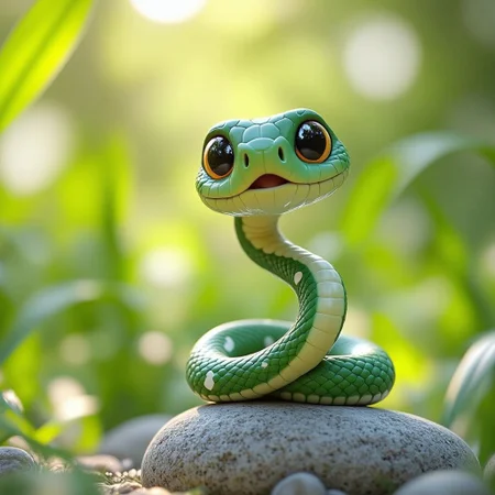 A tiny, speckled, emerald green snake, with scales like polished jade, coils around a smooth, grey stone.  Its tiny, flicking tongue darts out, sensing the air.  A gentle breeze whispers through the tall grass, rustling around the snake's head – the soft sounds creating a sense of peaceful concealment.  Sunlight filters through the leaves above, dappling the ground in a mosaic of light and shadow.  The snake’s eyes, almond shaped and brilliant, seem to reflect the dappled light, and its slight, graceful sway creates a sense of delicate movement.