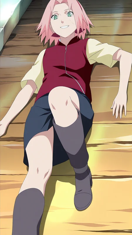 source_anime, masterpiece, best quality, amazing quality, anime screencap, high quality, 8k, absurdres, official style, 1girl, solo, <lora:Sakura_Haruno_iL:1>, 54kur4 h4run0, pink hair, green eyes, short hair, looking at viewer, casual outfit, jacket, short sleeves, yellow sleeves, skirt, blue skirt, boots, grey boots, heels, heeled boots, smile, teeth, forehead protector, konohagakure symbol, lying down, on back