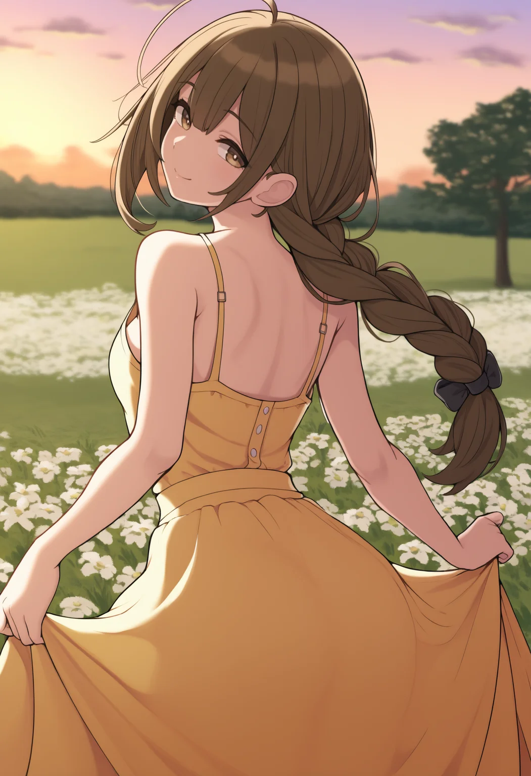 masterpiece, best quality, newest, from behind, solo, 1girl, smile, looking back, skirt hold, long hair, brown hair, ahoge, braided ponytail, brown eyes, yellow sundress, spaghetti strap, bare shoulders, outdoors, sunset, cloud, grass, flower field, tree
<segment:yolo-Anzhc Face seg 640 v3 y11n.pt,0.4,0.6//cid=11>