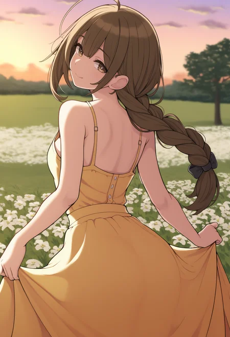 masterpiece, best quality, newest, from behind, solo, 1girl, smile, looking back, skirt hold, long hair, brown hair, ahoge, braided ponytail, brown eyes, yellow sundress, spaghetti strap, bare shoulders, outdoors, sunset, cloud, grass, flower field, tree
<segment:yolo-Anzhc Face seg 640 v3 y11n.pt,0.4,0.6//cid=11>