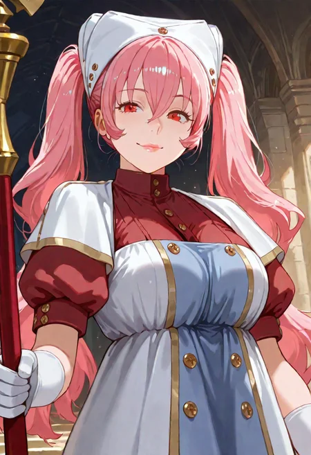 G0thicL1nes masterpiece, best quality, amazing quality, good quality,
heith velvet, long hair, pink hair, twintails, hair between eyes, red eyes, kind eyes, soft lips, luscious lips, lip gloss, gently smile, medium breasts, puffy sleeves, short sleeves, white gloves, 1girl, holding staff, looking at viewer, large breasts, dress, hat, indoor, temple,