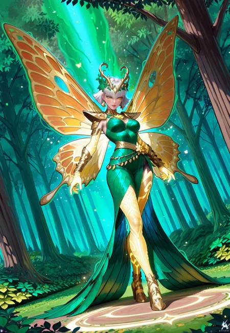 masterpiece, best quality, very aesthetic, absurdres, intricate details, 4k, semi realistic, cartoon, dutch angle, fantasy, orange energy around, green energy around, aura, gold dust particles surrounds her, dynamic pose, leaf shoulder pads, fighting stance, score_9, score_8_up, score_7_up, score_6_up, score_5_up, female, 21 years old, full body, newest, lora:AMarvelRivals_style:1 marvelrivals.
A radiant forest spirit fairy stands in a powerful yet elegant stance, her body glowing with a mystical aura. Her luminous golden butterfly eyes shimmer like captured sunlight, framed by long, silver-white lashes. A soft blush dusts her cheeks, complementing her cute button nose and delicate facial structure. Wisps of silver bob-cut with a honey-gold ombre cascade around her, interwoven with small flowers and vibrant green leaves.
Her translucent butterfly-like wings, infused with warm orange hues and glowing golden veins, flutter with a fiery radiance, leaving behind a faint trail of shimmering light. Small, curled antennae extend from her forehead, sensing the life force around her.
She wears a leaf dress woven from deep green foliage, elegantly wrapped around her form like living armor, adorned with tiny glowing amber gemstones. Vines coil around her arms, trailing down to her wrists. Swirling gold dust dances around her as she channels both the energy of the forest and the raw power of nature, exuding both serenity and unyielding strength.