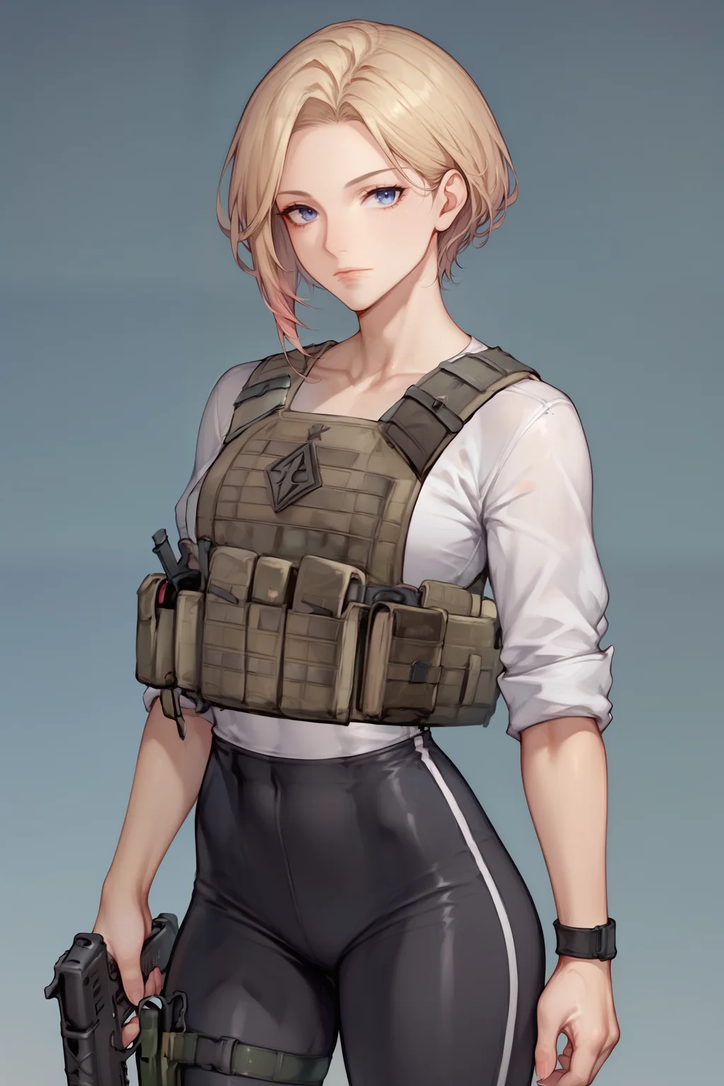 score_9, score_8_up, score_7_up BREAK black platecarrier, 1girl, solo, standing, black tight tactical clothes, sleeves rolled up, holding assault rifle, <lora:Tacticool_Armor_Plate_carrierHelmetHeadset:1>