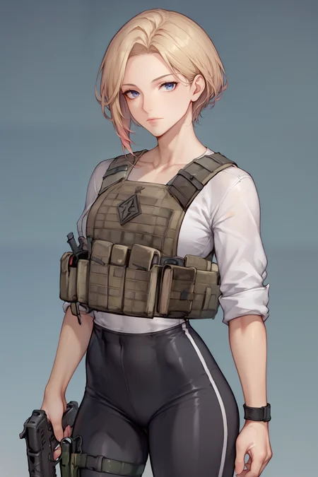 score_9, score_8_up, score_7_up BREAK black platecarrier, 1girl, solo, standing, black tight tactical clothes, sleeves rolled up, holding assault rifle, <lora:Tacticool_Armor_Plate_carrierHelmetHeadset:1>