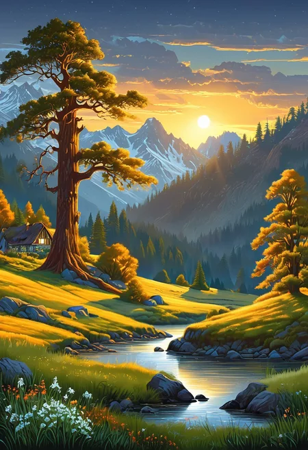 A captivating night scene illustration featuring a beautiful scene of the great out doors in the pacific northwest..   There are great mountains, pine forests, and rivers.  It is an outdoorsman's dream.  This enchanting artwork captures a serene and peaceful night, where the sun is just starting to rise over the beautiful hills and castle which   stands resolute amidst hills of Wales, creating a cinematic experience., illustration, cinematic
<lora:DonM3t3rn1tyXL-v1.1:0.7>, DonM3t3rn1tyXL,
OverallDetailXL  <lora:MJ52:0.3>  <lora:SDXLFaeTastic2400:0.4>  <lora:EpicF4nta5yXL:0.7>