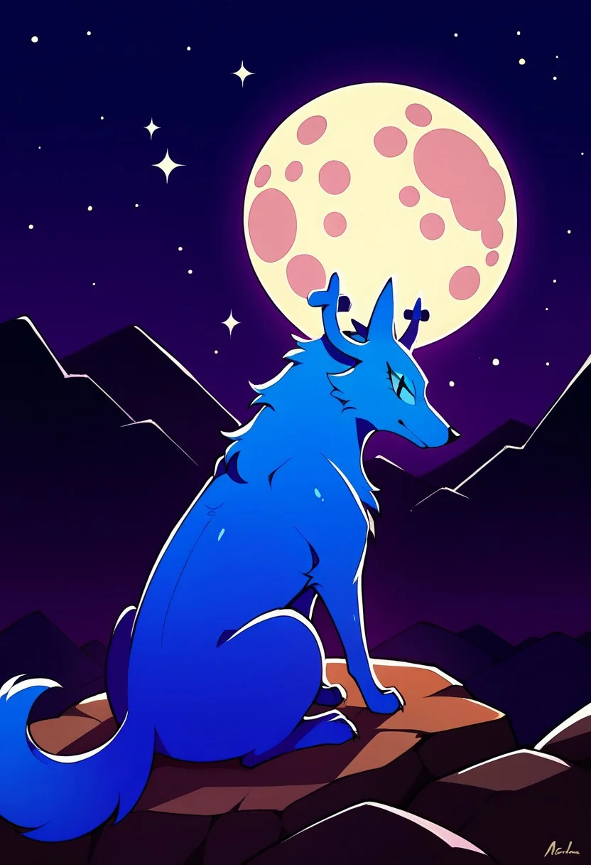 BREAK score_9, score_8_up, score_7_up, source_anime, 1girl, solo, view from behind, Penny_Wolf, feral, wolf, blue fur, shiny skin, blue sclera, black eyes, (two horns), tail, night, moon, sitting, rock, looking at the moon,
