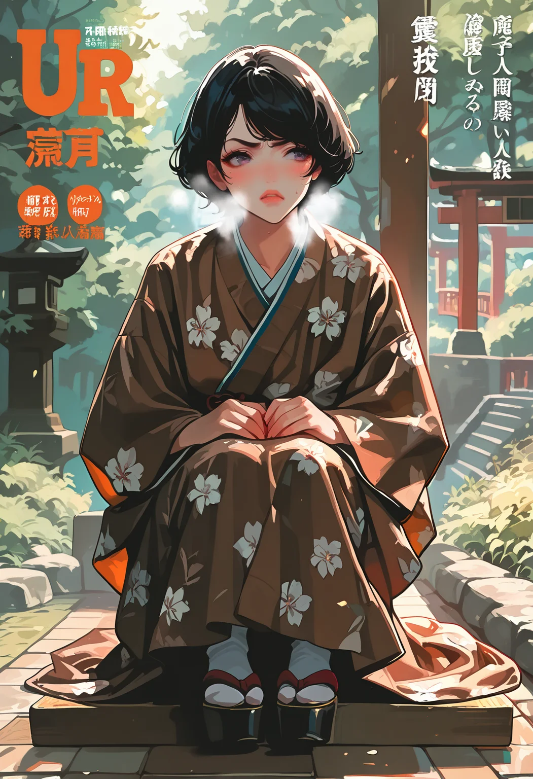 1girl,   black hair,  short hair,   swept bangs,  purple eye,     
BREAK  1girl, (isometric), looking afar,   scowl,  heavy breathing,    
BREAK                   Floral Print Japanese Kimono, Okobo Shoes,  Japanese bridge, (japan, japanese culture),   magazine cover, (dappled sunlight), rim light, backlit, dramatic shadow,  
BREAK general, masterpiece, best quality, absurdres, highres, newest, <lora:ponyv6_noobV1_2_adamW:0.7>, <lora:VICE_v1.0:0.9>