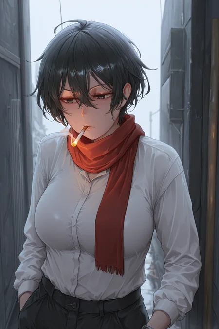 (masterpiece,best quality),<lora:Ahn1style-Illustrious-lora-Faxtron:1> y1o7an, <lora:AdMikAckr-Illustrious-lora-Faxtron:1> 1girl, admikarman, black eyes, black hair, short hair, red scarf, shirt, pants, <lora:cigarette2XLP:1> cigarette, smoking, mouth hold,, fire, lighter, holding,,