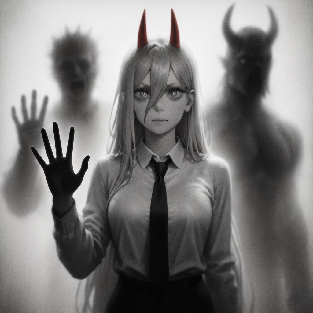 masterpiece, best quality, newest, absurdres, highres, 
IBWV1.0, silhouette, blurry, monochrome, window, glass, 
1girl, power \(chainsaw_man\), demon horns, long hair, blonde hair, very long hair, red horns, black necktie, horns, cross-shaped pupils, shirt,