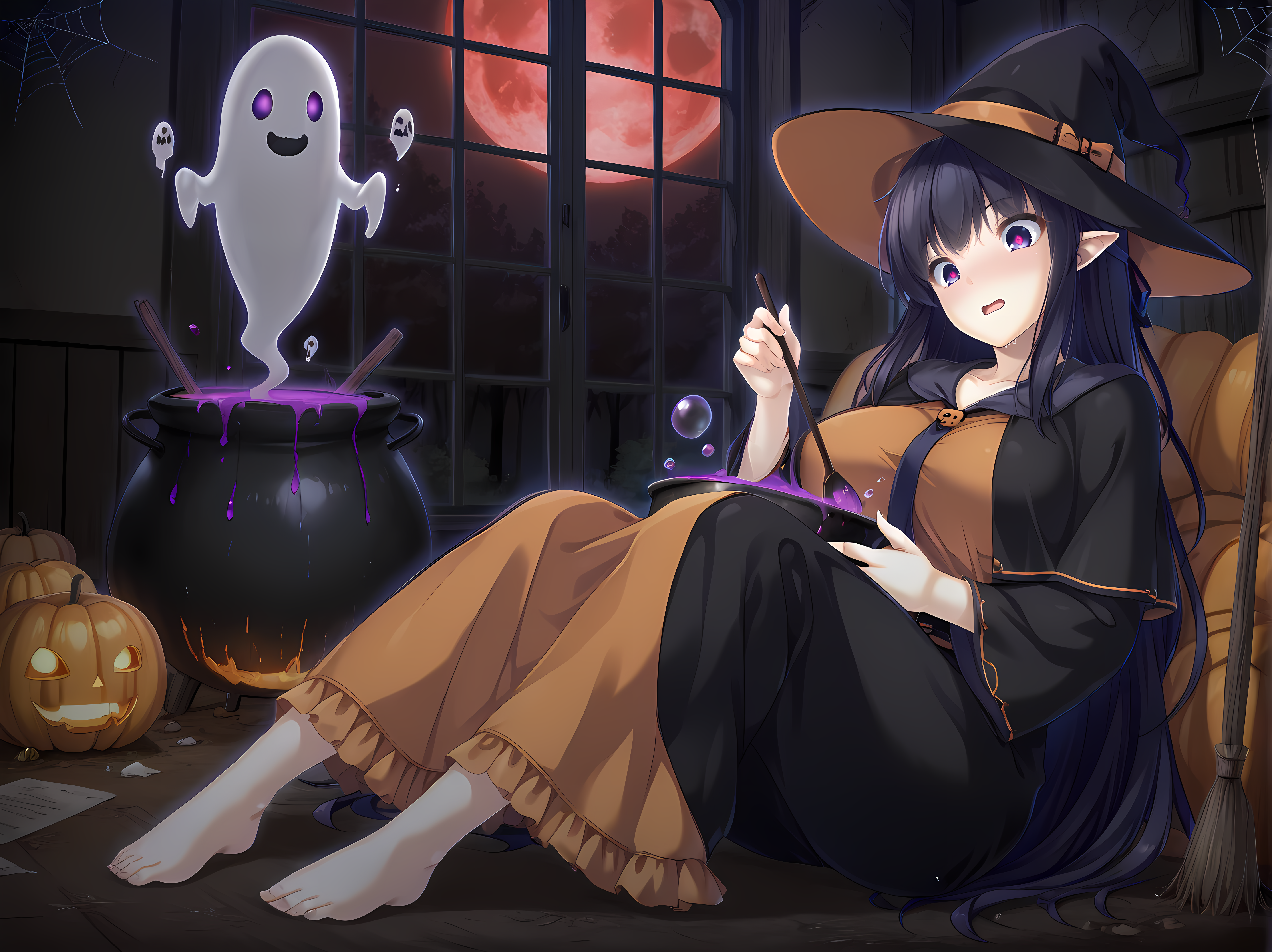 indoors,window,spider web,red moon,capelet,pointy ears,parted lips,gasp,surprised,glowing eyes,forest,mist,pond,witch hat,halloween,witch,halloween costume,happy halloween,cauldron,pumpkin,horror \,(theme\),ghost,frilled dress,orange dress,black dress,multicolored clothes,cloak,silk,floating object,looking down,stirring,mismatched legwear,long skirt,attack,orange fog,liquid,bubble,alchemy,laboratory,science fiction,poison,pumpkin,dripping,kagami,escude,breasts,long hair,large breasts,black hair,purple eyes,very long hair,standing,indoors,blush,smile,<lora:Kagami_Shura_-_Illustrious:1>,barefoot,school outfit,looking at viewer,window,moonlight,night,on back,sitting,, masterpiece,best quality,amazing quality,