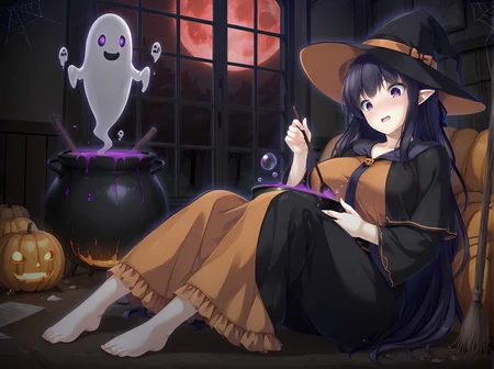 indoors,window,spider web,red moon,capelet,pointy ears,parted lips,gasp,surprised,glowing eyes,forest,mist,pond,witch hat,halloween,witch,halloween costume,happy halloween,cauldron,pumpkin,horror \,(theme\),ghost,frilled dress,orange dress,black dress,multicolored clothes,cloak,silk,floating object,looking down,stirring,mismatched legwear,long skirt,attack,orange fog,liquid,bubble,alchemy,laboratory,science fiction,poison,pumpkin,dripping,kagami,escude,breasts,long hair,large breasts,black hair,purple eyes,very long hair,standing,indoors,blush,smile,<lora:Kagami_Shura_-_Illustrious:1>,barefoot,school outfit,looking at viewer,window,moonlight,night,on back,sitting,, masterpiece,best quality,amazing quality,