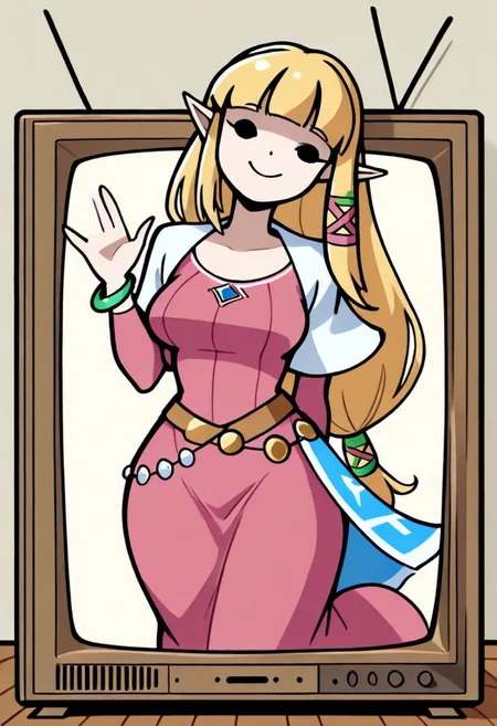 masterpiece,best quality, 2D, 1girl, solo, zeldssn11, blonde hair, hair tubes, hair ribbon, low-tied long hair, blunt bangs, Black eyes, solid eyes, pointy ears, brown belt, pink dress, green bracelets, white capelet, blue waist cape, medallions, scr33n, screen, emerging, emerging from television screen, large smile