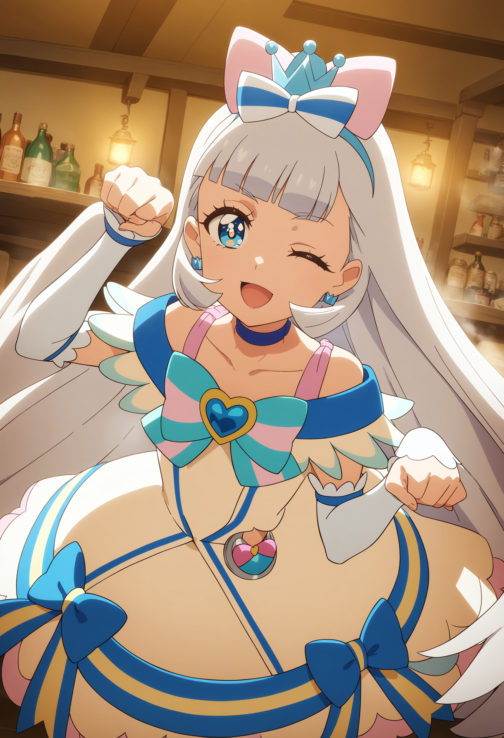 1girl, cure nyammy ,wonderful precure! ,solo, <lora:nyammy_XL_v1:0.8>
long hair, silver hair, blue eyes, choker, magical girl,paw pose, one eye closed,
ceiling, wide shot, looking ahead, seductive smile, in tavern, open mouth,
masterpiece,best quality, very aesthetic, absurdres