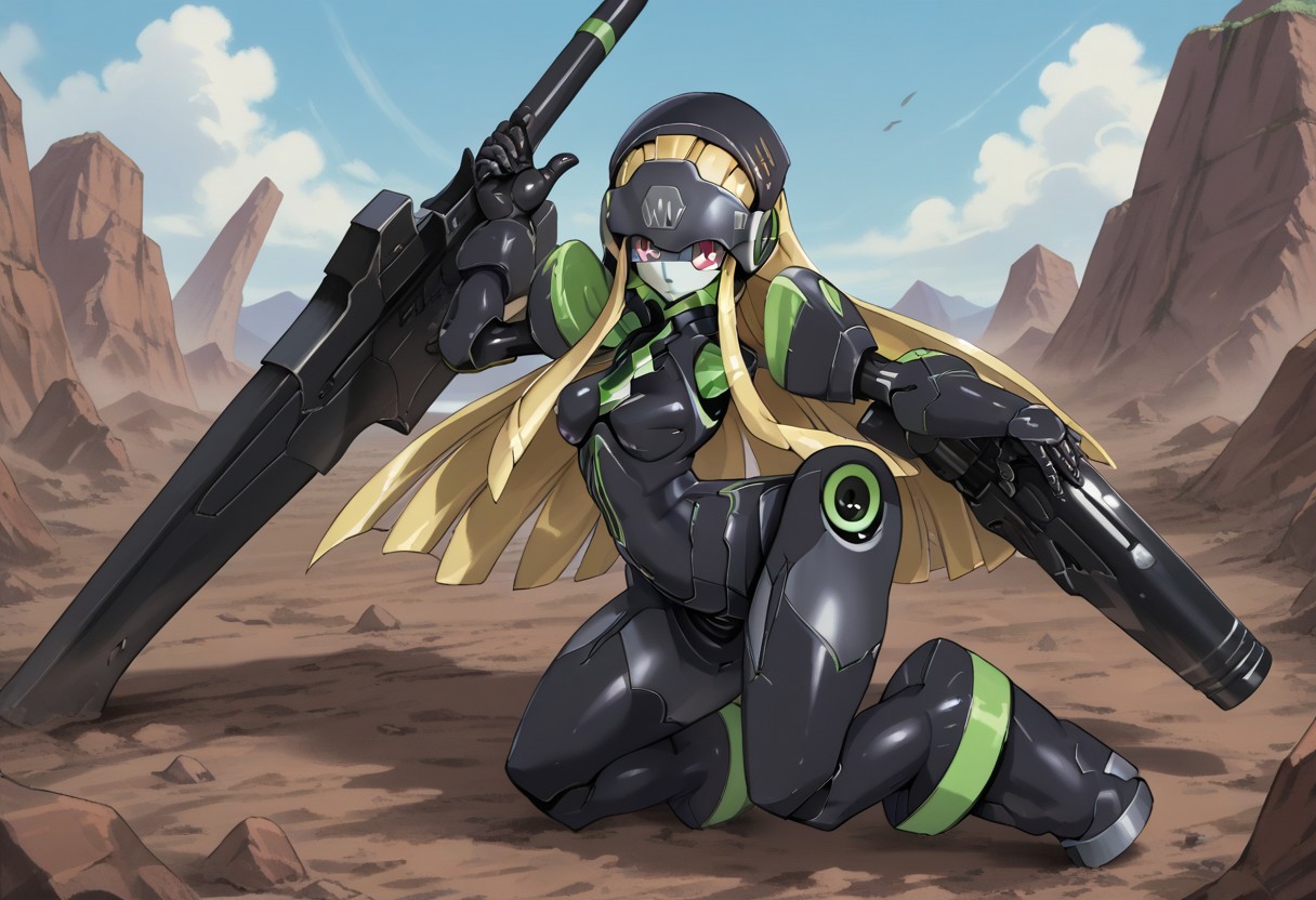 oficial art, detailed anime, screencap, score_9, score_8_up, score_7_up, score_6_up, master piece, anime coloring, source_anime, (((detailed face, detailed eyes))) GenistaLA, 1girl, solo, breasts, blonde hair, robot, bodysuit, black bodysuit, long hair, medium breasts, covered nipples, (((narrow waist:1.3))), (((wide hips:1.3))), ((curvy)) ((colored skin, (((black skin))), (((multicolored skin))), (((white skin))), purple eyes, android, robot ears, joints, ((mecha musume)), (((robot girl:1.5))), 1 hand holding black rifle on side, very long and large rifle, futuristic weapon, looking at viewer, full body shot, dynamic view,  generic destroyed battlefield background, dynamic pose, extreme perspective, face focus, NDXL