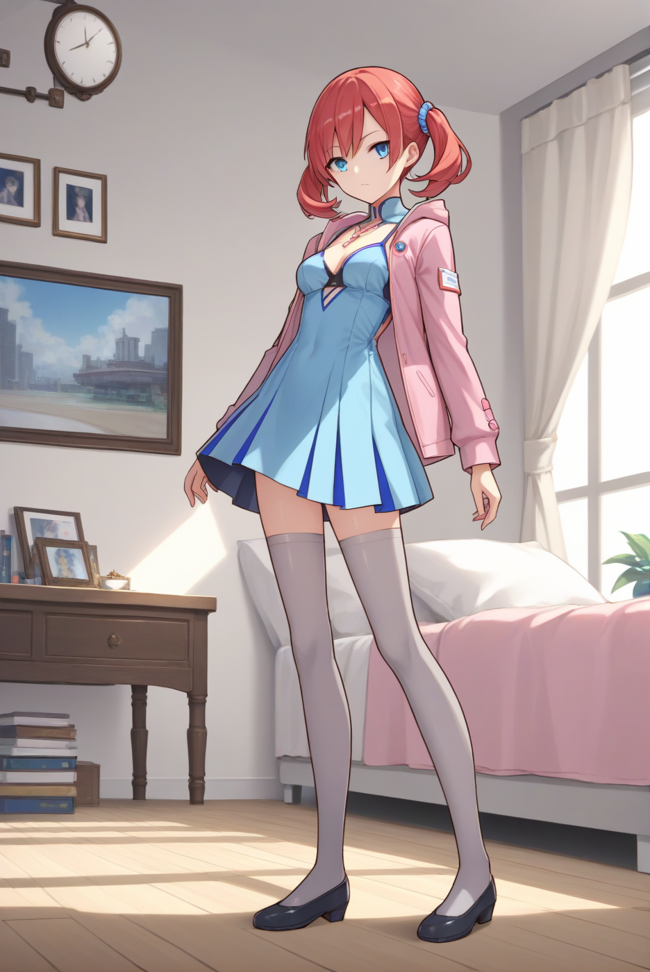 blue dress pink jacket grey thighhighs, dsc-nokia, red hair, medium breasts, 1girl, solo, skinny, masterpiece, high quality, (full body), indoors, , score_9, score_8_up, score_7_up, source_anime, anime, anime style <lora:dsc-nokia-pony-V05-000003:0.50>