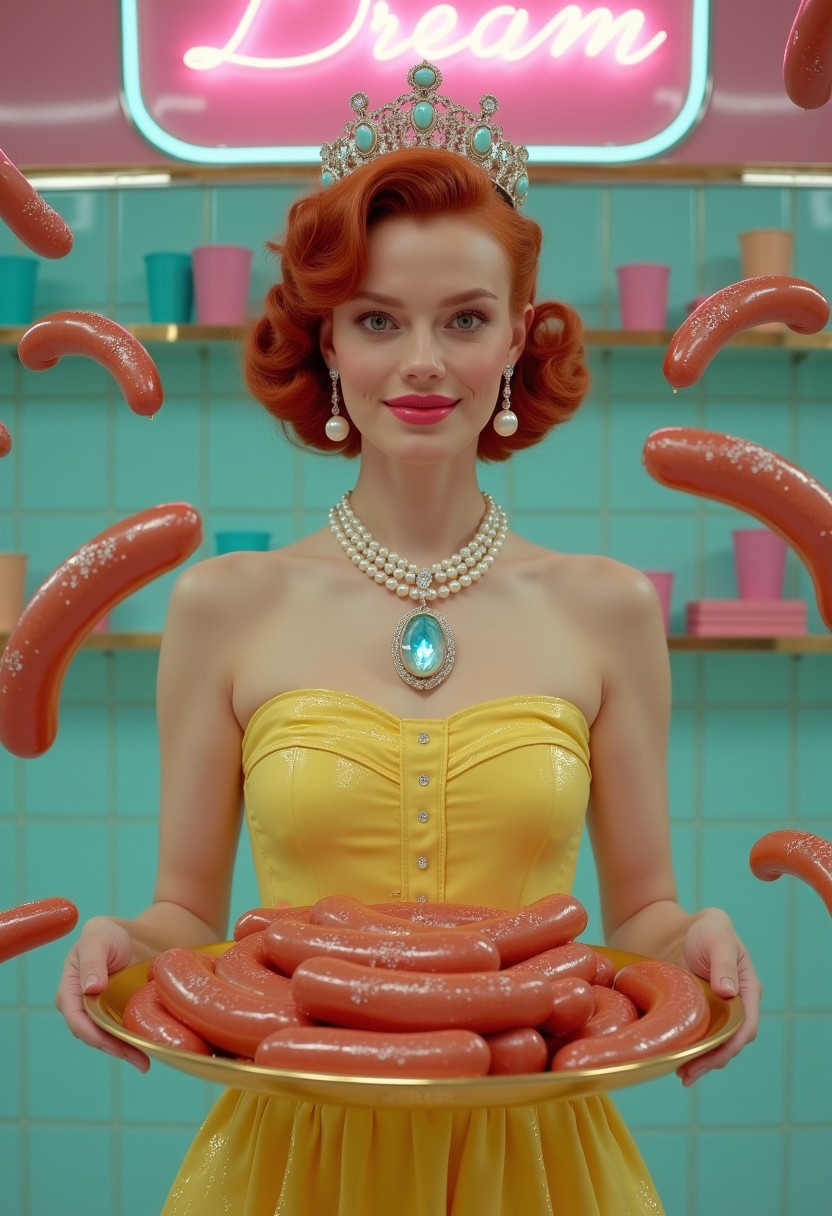 A surreal dreamy low saturation, soft focus, medium shot with a vintage aesthetic of a 20 years old very pretty woman with sweet smile, wavy red hair styled in a 1950s-inspired bouffant, wearing a jeweled crown with opalescent gems, crystal drop earrings with shimmering detail, a multi-strand pearl necklace with a large opalescent blue gem pendant, and a yellow dress with subtle, embedded sequins. (surrounded by many sausages levitating in air:1.8).
She is holding a gold tray with an assortment of pastel-glazed sausages embedded with diamond reflective glitter and rhinestones with surrealism.
The background is a brightly lit 1950s diner setting with a baby blue tiled backsplash, a pink neon sign reading "Dream" a shelf with colorful cups. The overall color palette consists of a soft blend of bubblegum pink, baby blue, butter yellow, and mint green, accented with metallic gold, rose gold, silver, and a slight iridescence. The scene utilizes soft, diffused lighting with spotlights creating gentle highlights on the jewelry, the crown, and the (emphasising on floating sausage around her), 
lorenastyle,retro futuristic clothing style