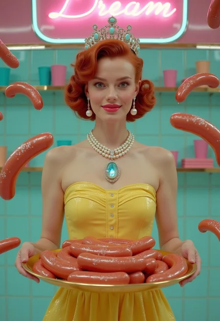 A surreal dreamy low saturation, soft focus, medium shot with a vintage aesthetic of a 20 years old very pretty woman with sweet smile, wavy red hair styled in a 1950s-inspired bouffant, wearing a jeweled crown with opalescent gems, crystal drop earrings with shimmering detail, a multi-strand pearl necklace with a large opalescent blue gem pendant, and a yellow dress with subtle, embedded sequins. (surrounded by many sausages levitating in air:1.8).
She is holding a gold tray with an assortment of pastel-glazed sausages embedded with diamond reflective glitter and rhinestones with surrealism.
The background is a brightly lit 1950s diner setting with a baby blue tiled backsplash, a pink neon sign reading "Dream" a shelf with colorful cups. The overall color palette consists of a soft blend of bubblegum pink, baby blue, butter yellow, and mint green, accented with metallic gold, rose gold, silver, and a slight iridescence. The scene utilizes soft, diffused lighting with spotlights creating gentle highlights on the jewelry, the crown, and the (emphasising on floating sausage around her),
lorenastyle,retro futuristic clothing style