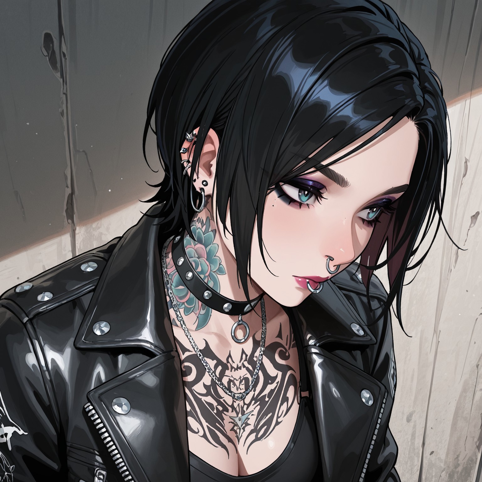 1girl, leather, jewelry, leather jacket, solo, earrings, jacket, makeup, necklace, choker, punk, tattooed, neck tattoo, chest tattoo, single nose ring, barbell piercing, masterpiece, best quality, hyper-Detailed