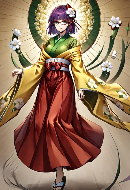 1girl, akyuu, hieda_no_akyuu, bespectacled, glasses, hair_flower, green_kimono, long_sleeves, wide_sleeves, white_flower, red_skirt, yellow_kimono, floral_print,
masterpiece, best quality, very aesthetic, absurdres,