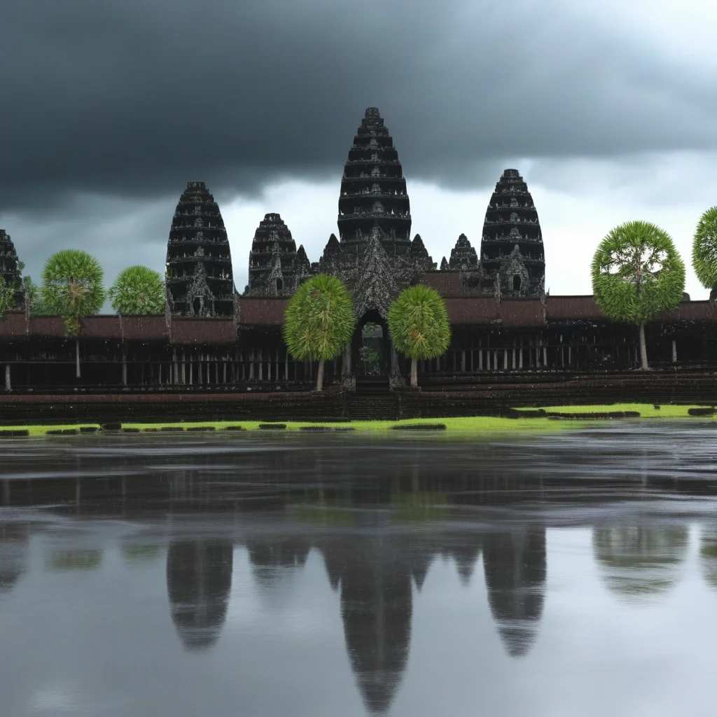official art, masterpiece, best quality, absurdres, very aesthetic, no humans, Angkol, outdoors, scenery, rain, black sky, clouds, tree, water