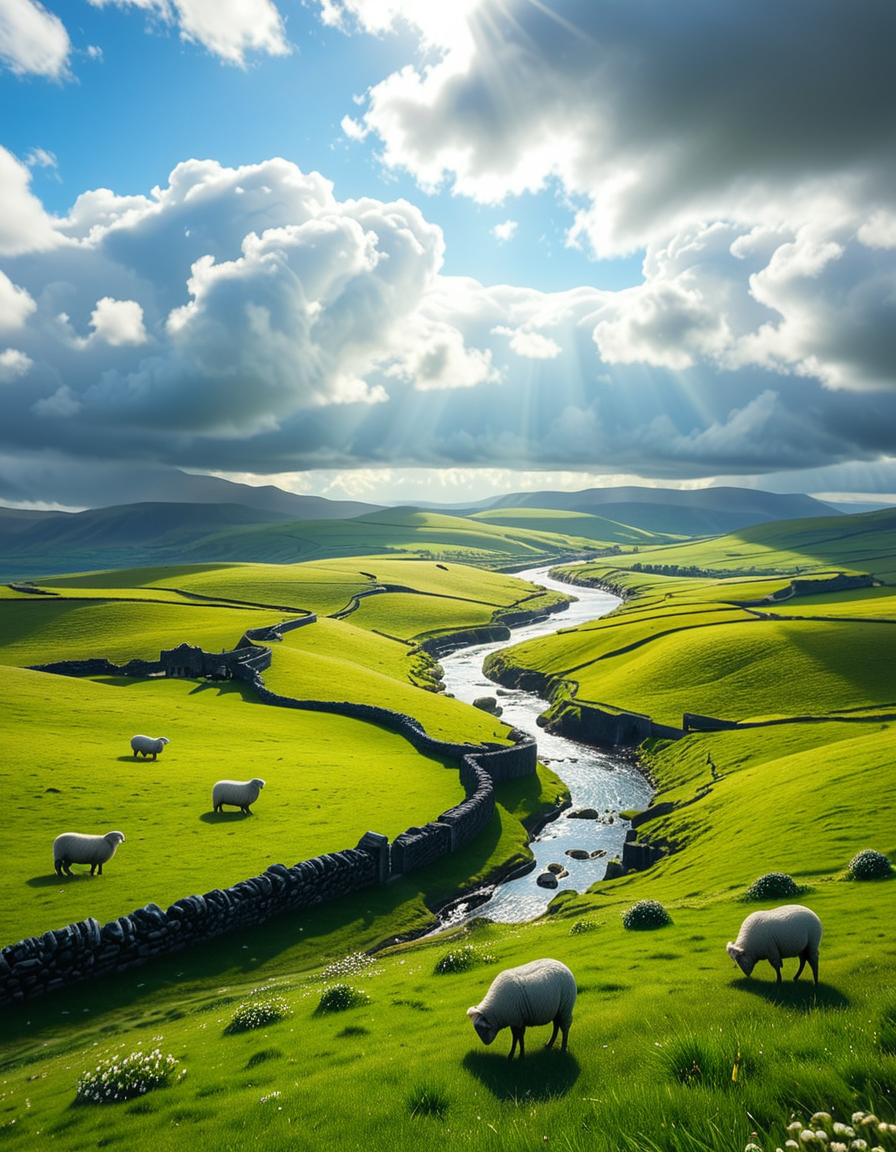 A breathtaking, high-resolution photograph of the rolling plains of Ireland, stretching endlessly under a vast, cloud-streaked sky. The landscape is a lush, vibrant green, with gentle hills covered in soft grass and dotted with scattered wildflowers. Ancient stone walls and winding dirt paths cut through the fields, marking old farmland boundaries. In the distance, a few solitary sheep graze peacefully, their white wool contrasting against the emerald grass. A small, clear river meanders through the valley, reflecting the soft light of the sky. The horizon is framed by low, misty mountains, adding depth and mystery to the scene. Above, the sky is a mix of bright blue and fluffy white clouds, casting dynamic shadows across the landscape as beams of sunlight break through. The atmosphere is serene, timeless, and rich with the natural beauty of the Irish countryside.
<lora:SDXLFaeTastic2400:0.4> <lora:extremely_detailed:0.4> extremely detailed, <lora:rolling_plains_of_1r3l4nd:1>,rolling plains of 1r3l4nd, Masterpiece,best quality,hi res,8k,hi res,8k,award winning,(sharp focus, intricate, highly detailed),