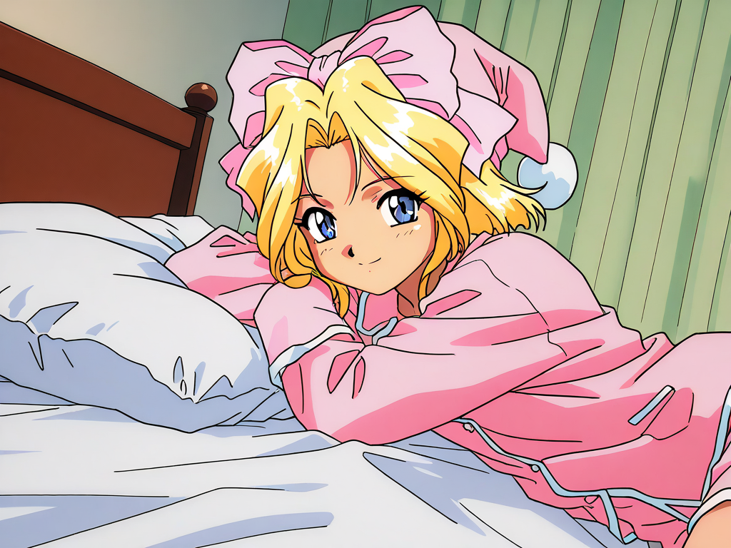 masterpiece, best quality, good quality, <lora:Iris_Chateaubriand_IS:1>  IrisChateaubriand, blonde hair, pink bow, blue eyes, hair bow, short hair, smile, pink pajamas, hat, bed room, 1990s (style), anime style,
Show less