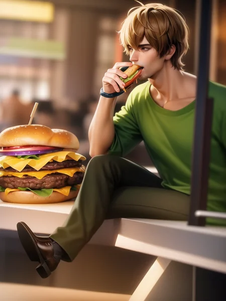 1boy, Shaggy, a man with green shirt, brown pants, black shoes, eating burger, restaurant background, <lora:Shaggy-000010:0.5> , (masterpiece:1.4),(best quality:1.4),(shiny skin),realistic