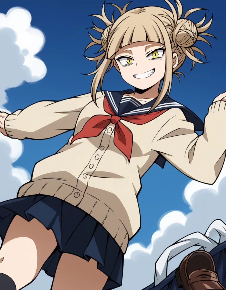 score_9, score_8_up, score_7_up, source_anime, <lora:himiko-toga-s5-ponyxl-lora-nochekaiser:1>, himiko toga, bangs, blonde hair, yellow eyes, blunt bangs, hair bun, double bun, messy hair,, skirt, long sleeves, school uniform, pleated skirt, shoes, serafuku, socks, sailor collar, blue skirt, neckerchief, kneehighs, brown footwear, cardigan, black socks, loafers, red neckerchief, yellow cardigan,, laundry day, clothesline, drying clothes, domestic life, fresh air, blue sky, smile, looking at viewer, solo,, cowboy shot, dutch angle