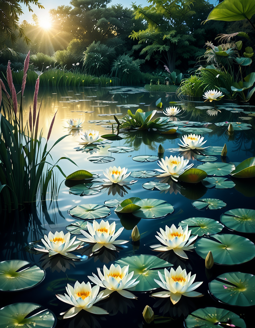 A highly detailed and realistic photograph of a serene lily pond surrounded by lush greenery. The calm water reflects the soft sunlight filtering through the overhanging trees. The surface is adorned with vibrant green lily pads, some with delicate pink and white water lilies in full bloom. A few dragonflies hover above the water, their wings catching the light. Gentle ripples create subtle distortions in the reflection of the sky and foliage. In the background, a dense array of reeds and aquatic plants frame the pond, adding depth and texture. The soft golden glow suggests late afternoon or early evening, enhancing the tranquil and picturesque atmosphere. The composition is balanced, drawing the viewerâs eye toward the natural beauty of the water lilies and their intricate details.
 <lora:SDXLFaeTastic2400:0.4> <lora:extremely_detailed:0.4> extremely detailed,<lora:lily_p0nd:1>,lily p0nd, Masterpiece,best quality,hi res,8k,hi res,8k,award winning,(sharp focus, intricate, highly detailed),