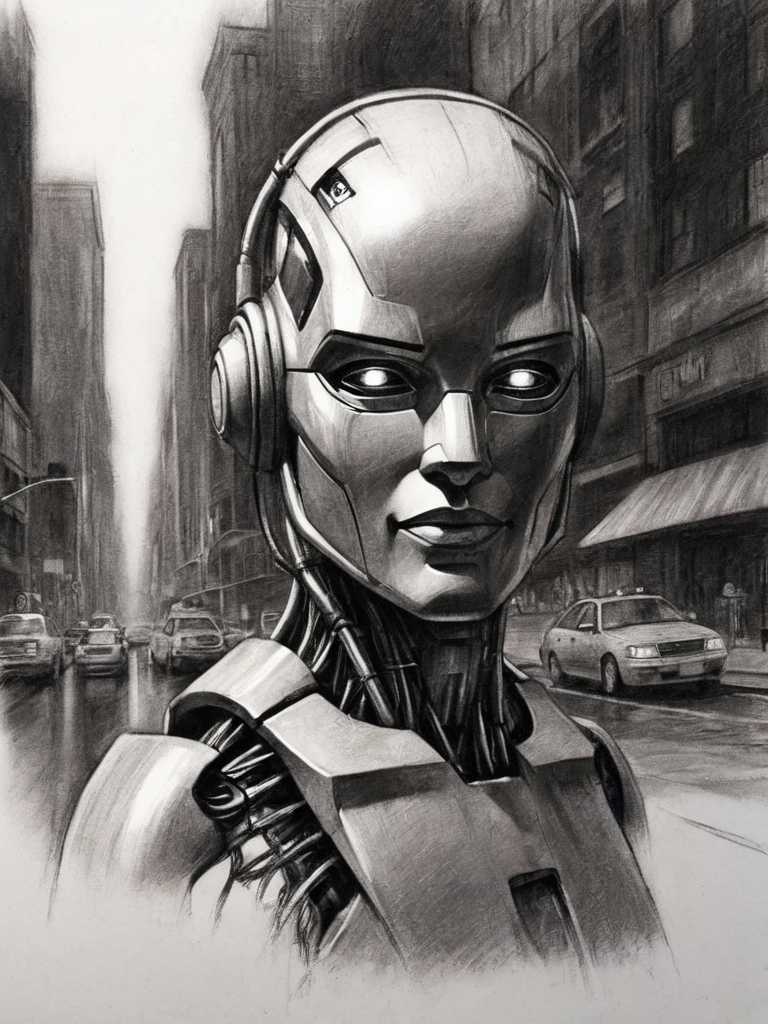 robot, cyberpunk cityscape<lora:A_GraphiteCharcoal_Style:1> graphite_charcoal, outline, sketch, (bold srokes), paper grain, traditional media,