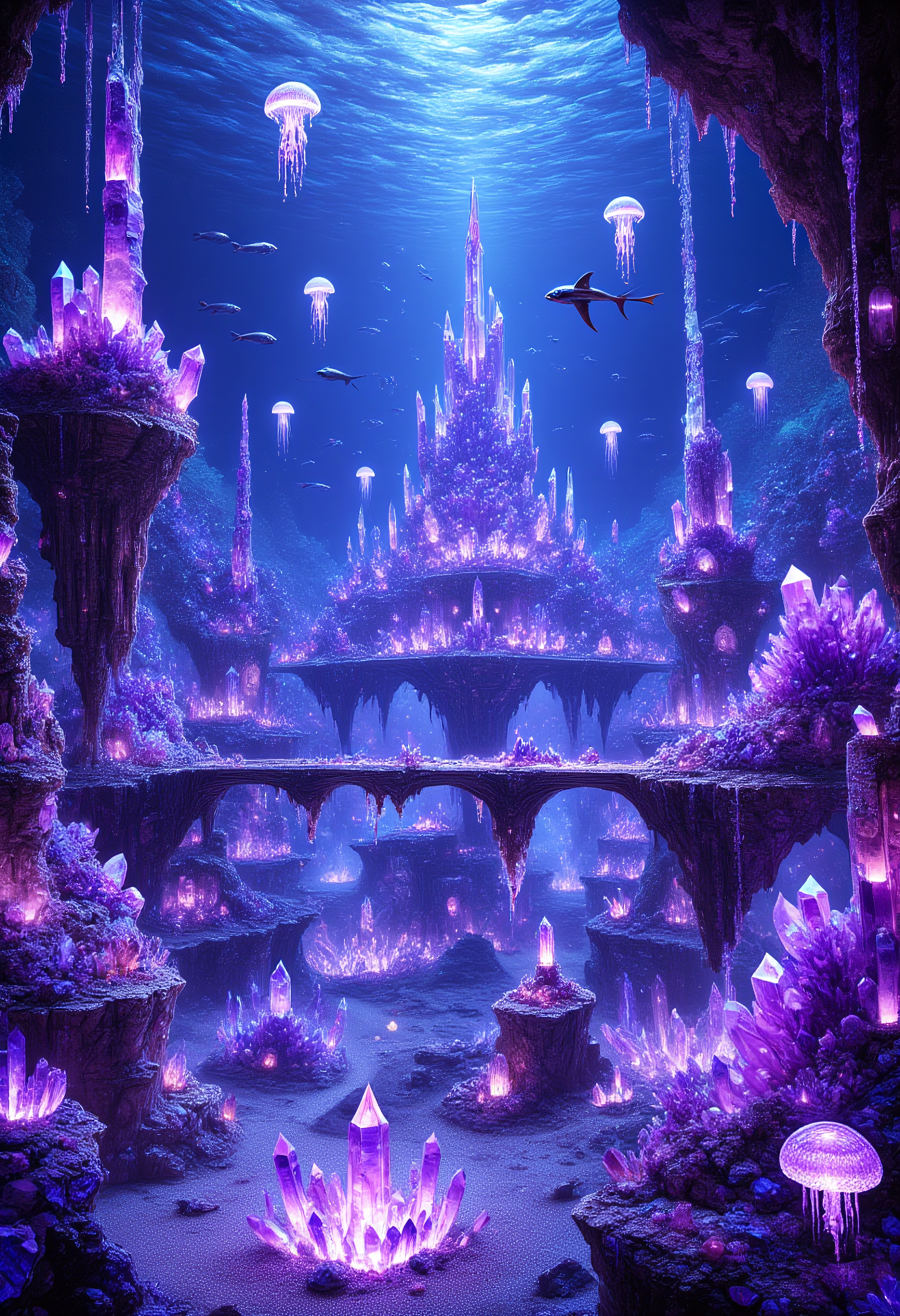 The Amethyst Undersea City
An underwater city made of sparkling amethyst crystals glows faintly in the depths of the ocean, surrounded by bioluminescent sea creatures. Towering crystalline spires rise from the seafloor, connected by intricate amethyst bridges that shimmer in the dim light. Schools of fish with translucent amethyst scales swim through the city streets, while crystalline jellyfish float above, casting gentle purple light onto the structures below. The sandy seabed glimmers with tiny shards of broken amethyst, creating a surreal and dreamlike underwater paradise.