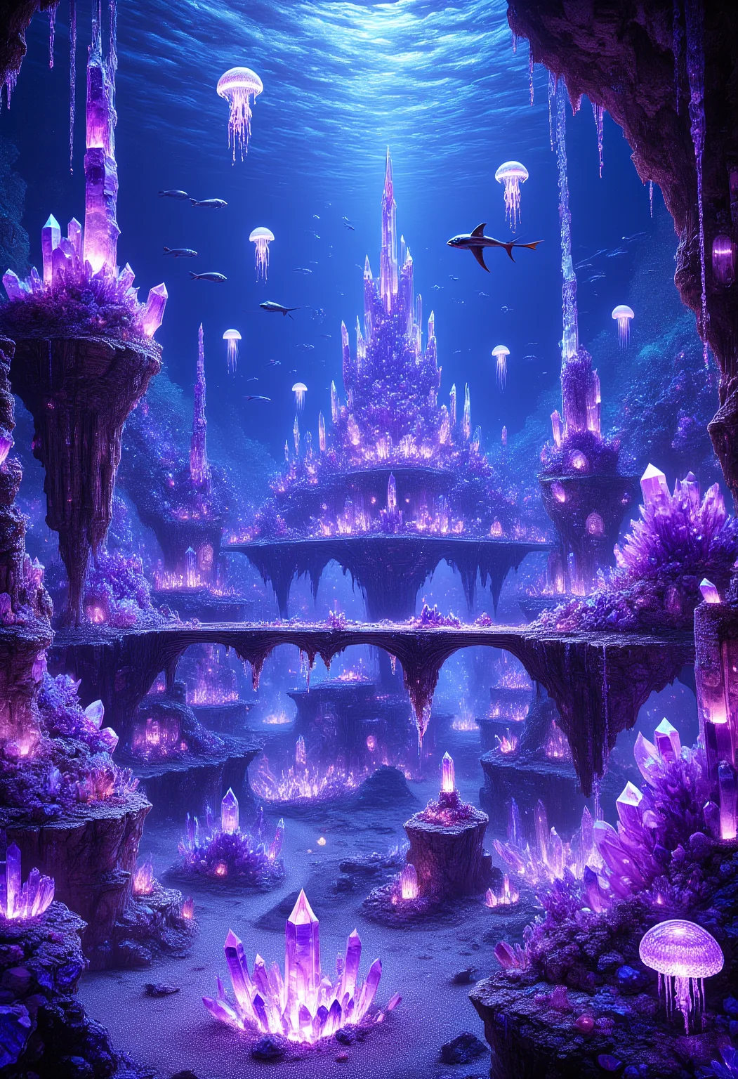 The Amethyst Undersea City
An underwater city made of sparkling amethyst crystals glows faintly in the depths of the ocean, surrounded by bioluminescent sea creatures. Towering crystalline spires rise from the seafloor, connected by intricate amethyst bridges that shimmer in the dim light. Schools of fish with translucent amethyst scales swim through the city streets, while crystalline jellyfish float above, casting gentle purple light onto the structures below. The sandy seabed glimmers with tiny shards of broken amethyst, creating a surreal and dreamlike underwater paradise.