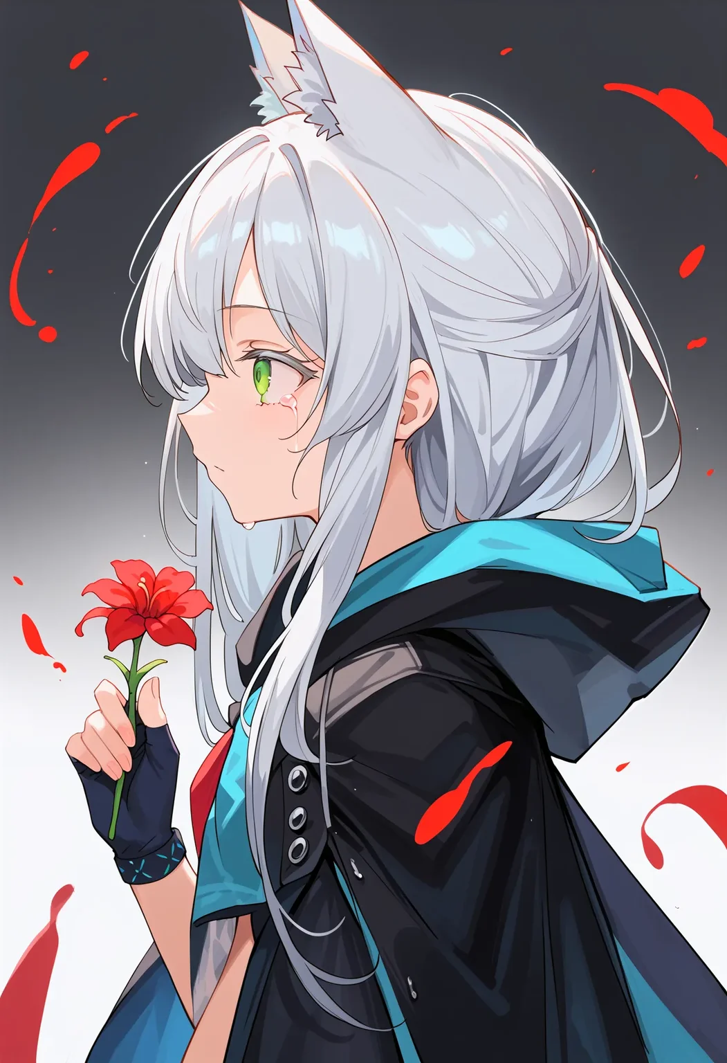 rosmontis, score_9, best quality,
white eyelashes, 1girl, animal ear fluff, animal ears, black cape, black gloves, blood, blood on clothes, blood on face, cape, cat ears, cat girl, crying, crying with eyes open, fingerless gloves, flower, from side, gloves, green eyes, grey background, grey hair, hand up, holding, holding flower, hood, hood down, hooded cape, long hair, profile, red flower, simple background, solo, streaming tears, tears, upper body
<lora:rosmontisXL_pony:1>