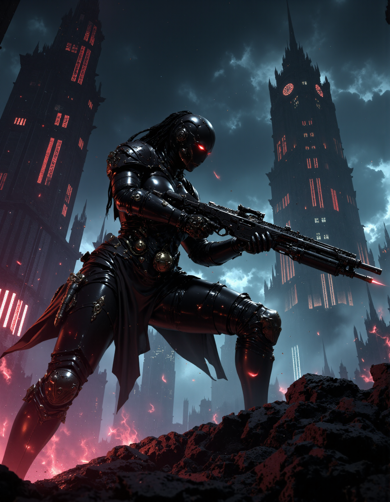hyper realistic and highly detailed, highly dynamic cinematic full shot view, an atmospheric and powerful dark fantasy, natural organic and impressionist classical-style painting of a powerful female sci-fi cyberpunk mistress in a slick black latex bodysuit holding a huge laser rifle, posing in front of a dark towering obsidian cyberpunk tower  with high tech neon lights, from below angle, extremely dangerous, vibrant dark colors, atmospheric haze, motion blur, depth of field, cinematic, in the style of Bladerunner, In the style of Diablo, panoramic action movie full shot, panoramic full shot, MythP0rt
<lora:FredFraiStyle-FLUX-Share:0.6>  <lora:FluxMythP0rtr4itStyle:0.7>  <lora:dark_fantasy_flux:0.9> <lora:latexHood:0.5> latexHood