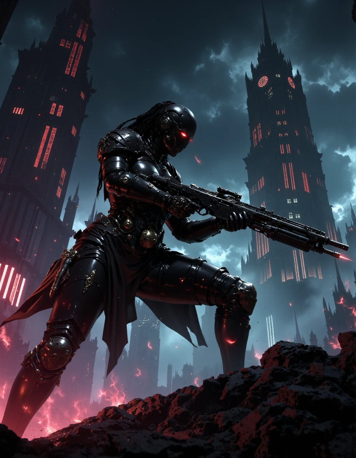 hyper realistic and highly detailed, highly dynamic cinematic full shot view, an atmospheric and powerful dark fantasy, natural organic and impressionist classical-style painting of a powerful female sci-fi cyberpunk mistress in a slick black latex bodysuit holding a huge laser rifle, posing in front of a dark towering obsidian cyberpunk tower with high tech neon lights, from below angle, extremely dangerous, vibrant dark colors, atmospheric haze, motion blur, depth of field, cinematic, in the style of Bladerunner, In the style of Diablo, panoramic action movie full shot, panoramic full shot, MythP0rt
<lora:FredFraiStyle-FLUX-Share:0.6> <lora:FluxMythP0rtr4itStyle:0.7> <lora:dark_fantasy_flux:0.9> <lora:latexHood:0.5> latexHood