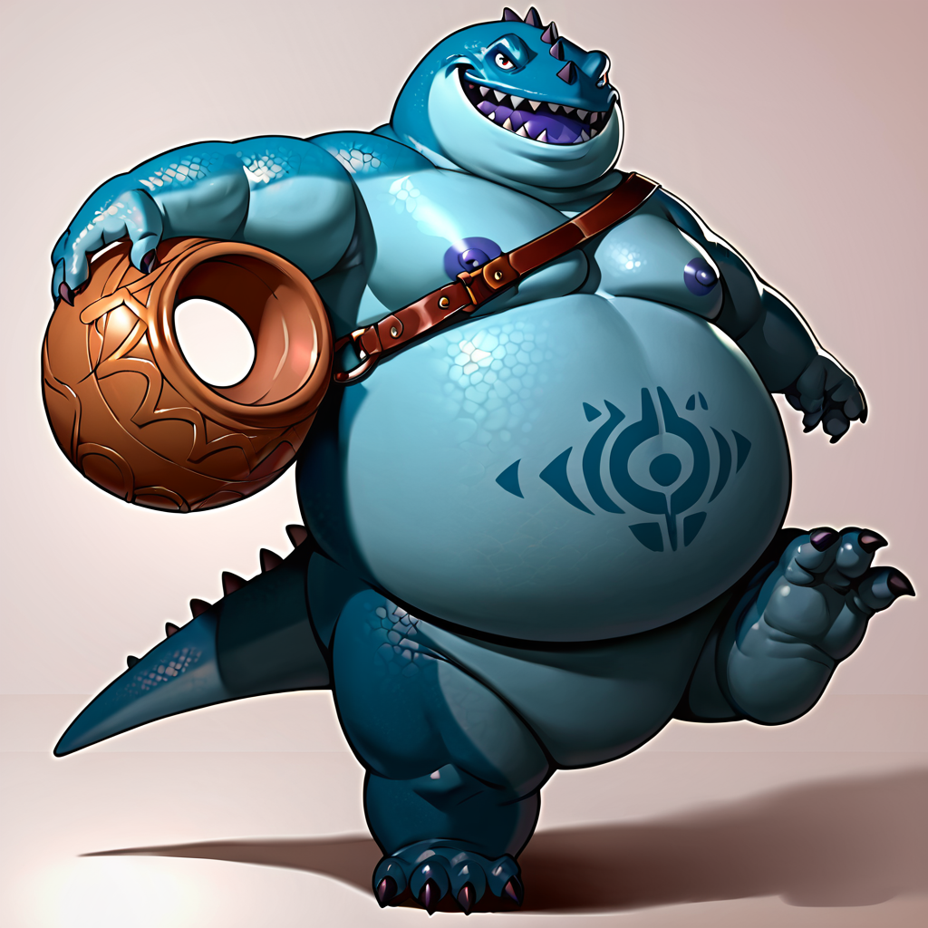 score_9, score_8_up, score_7_up, score_6_up, score_5_up, score_4_up,jarvis, blue skin, symbol on belly, dragon, fat, obese, carrying jar, spikes, stubby, pudgy, three toes, looking at viewer, smiling, action pose, standing on one leg, <lora:Fat_Dragons_Dragon_Quest_PonyXL:1>