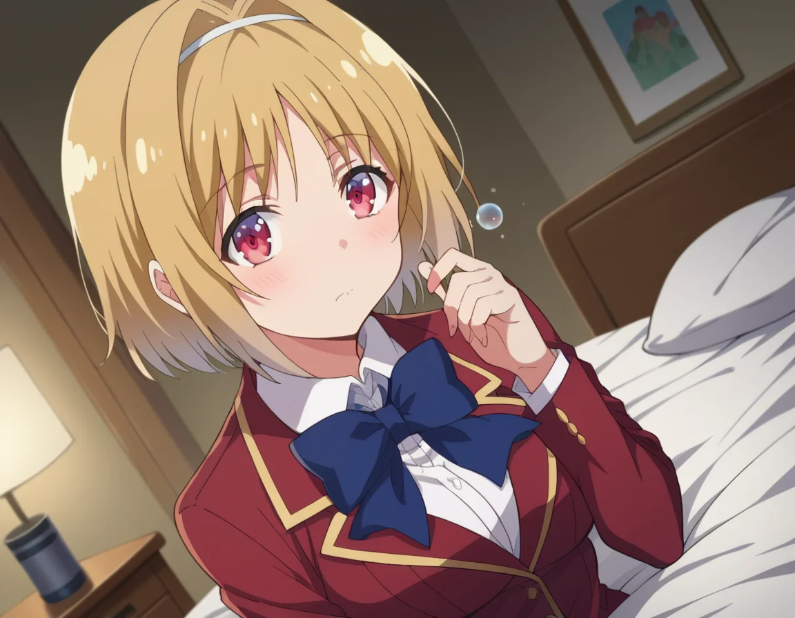 score_9, score_8_up, score_7_up, source_anime,
kikyoukushida, <lora:kikyou-kushida-s2-ponyxl-lora-nochekaiser:1>,
kikyou kushida, short hair, blonde hair, red eyes, hairband, hair intakes,
shirt, long sleeves, bow, school uniform, jacket, white shirt, bowtie, blue bow, blazer, red blazer,
indoors, bed, bed room, on side, blush, drunk,
looking at viewer, dutch angle, cowboy shot,