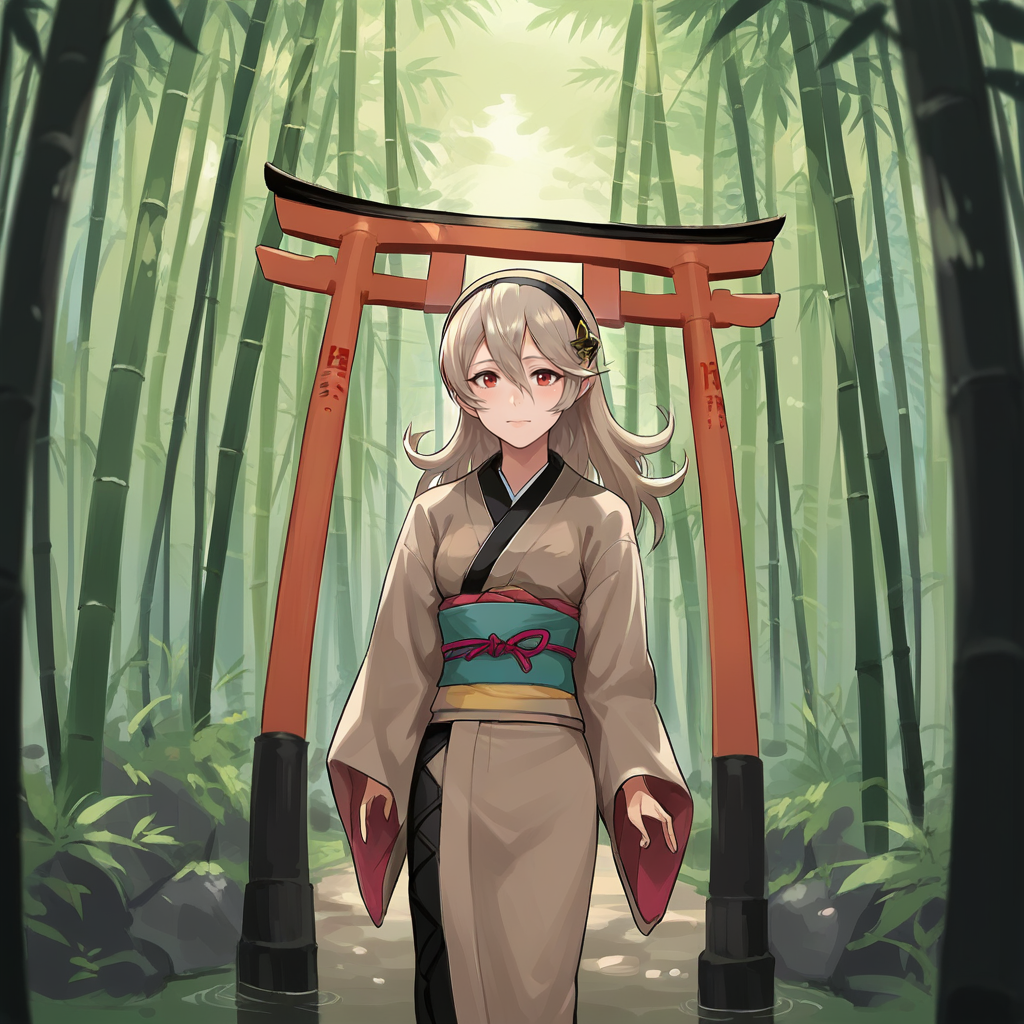 score_9, score_8_up, score_7_up, score_6_up, score_5_up, score_4_up, zPDXL2,source_anime,rating_questionable, <lora:Bamboo_Forest:0.7> b4mboo, bamboo forest, outdoors , 1girl, solo, kimono, looking at viewer, torii, cowboy shot, Corrin From Fire Emblem