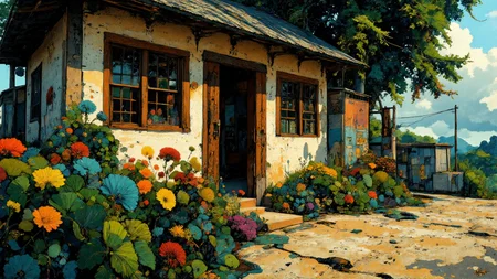 Expressionism painting. Ground level wide angle view. vintage theme. overgrown Indonesian hut. Intricate white and chartreuse and black bejewelled details. Overall, the scene is ethereal and is very detailed. Dramatic lighting illuminates the scene from the right. <lora:Paper_Marbling_Flux:0.8> <lora:์๋ฆ๋ต๊ณ _์ฐ์ํ_r1:0.6> <lora:midjourney_whisper_chromaplex_v1:0.8>