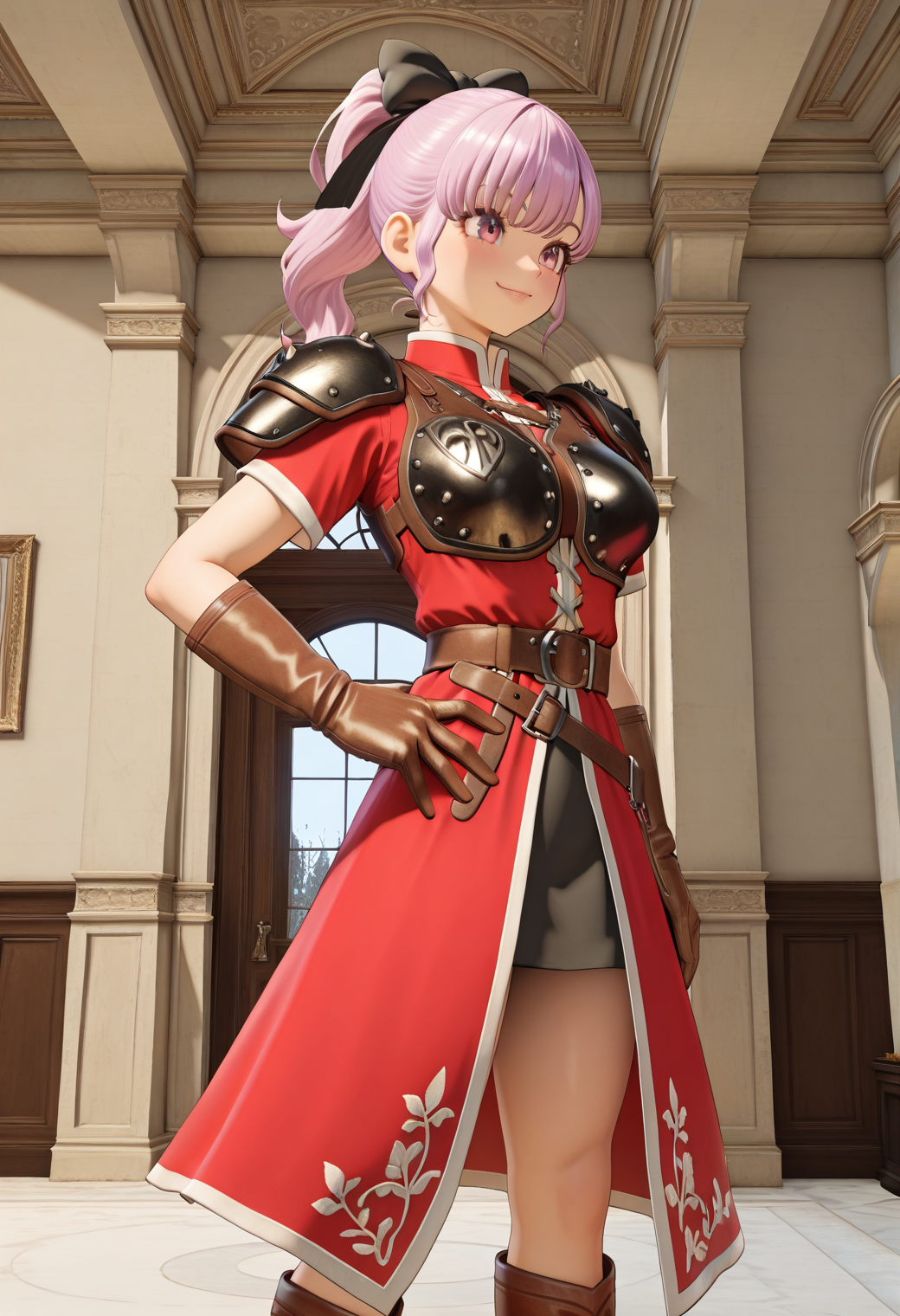 masterpiece, best quality, very aesthetic, absurdres, 1girl, solo,
 <lora:dqh2_teresa_v01:0.8>, dqh2_teresa, teresa_aurora_costume, pink hair, ponytail, pink eyes,
hair bow, shoulder armor, breastplate, red dress, short sleeves, brown gloves, leather gloves, belt, skirt, knee boots, (smile:0.7), posing, hand on own hip