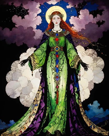 goddess in the clouds, (Harry Clarke:1.5), (light shining through clothing:1.4), volumetric lighting, <lora:add-detail-xl:0.75> <lora:xl_more_art-full_v1:0.5>