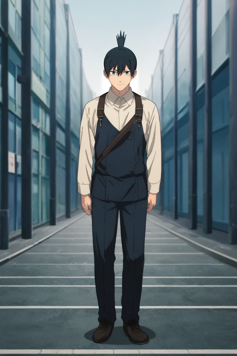 score_9, score_8_up, score_7_up, source_anime, rating_safe, intricate details, anime screencap, , official style, looking at viewer, depth of field, 1boy, solo, male focus, <lora:aki_hayakawa_pony:0.94>, aki_hayakawa, black hair, blue eyes, bangs, hair between eyes, , weapon on back, from afar, full body, dock, light, holding weapon, wavy mouth, , <lora:sdxl_lightning_8step_lora:1>