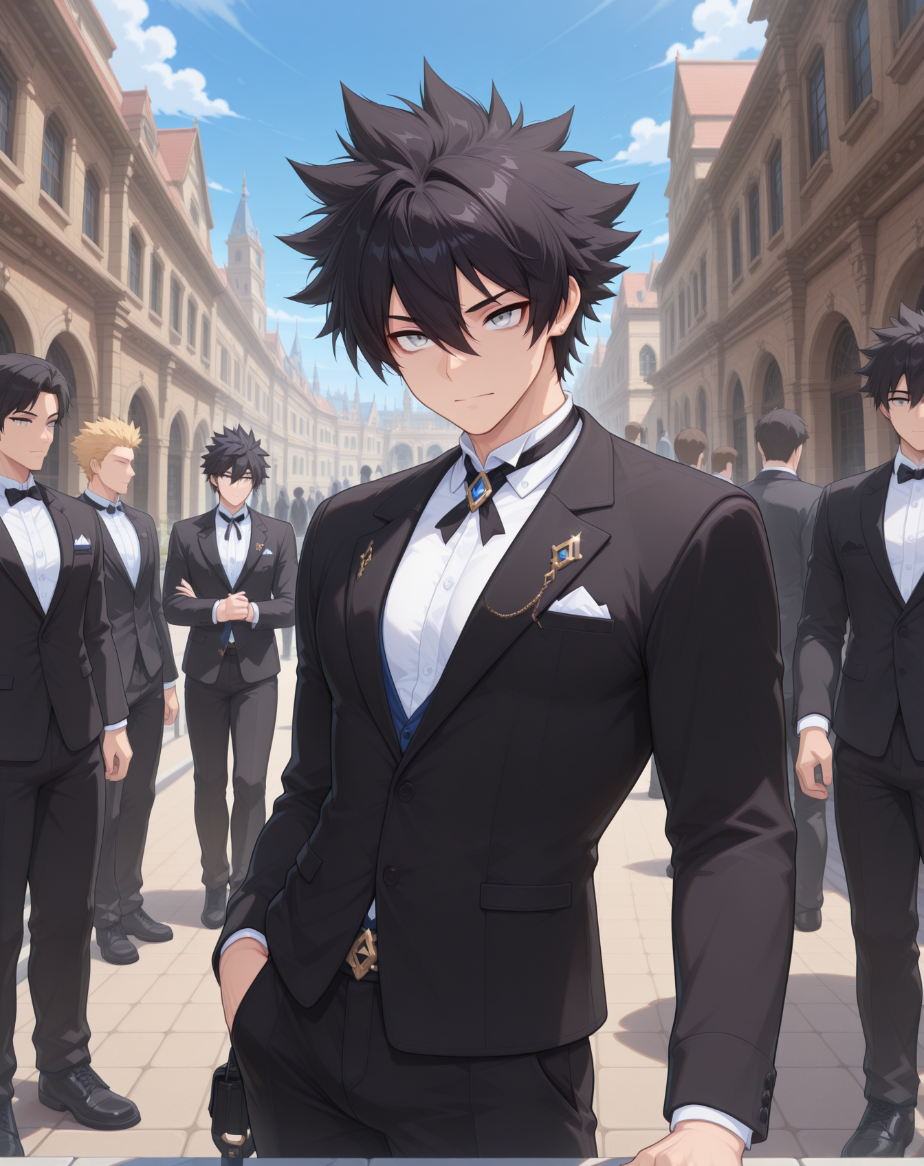 masterpiece,best quality,amazing quality, newest, very aesthetic, absurdres,
1boy, solo, yaoi, male focus, looking at viewer, cowboy shot, standing,
 <lora:Sieghart_Wonderland_ilxl:1> sieghartwonderland, spiked hair, black hair, hair between eyes, grey eyes, short hair,
formal, tuxedo, neck ribbon, white shirt, collared shirt, black pants, shoes, black footwear, suit jacket, black jacket,
outdoors, day, blue sky, building, people,