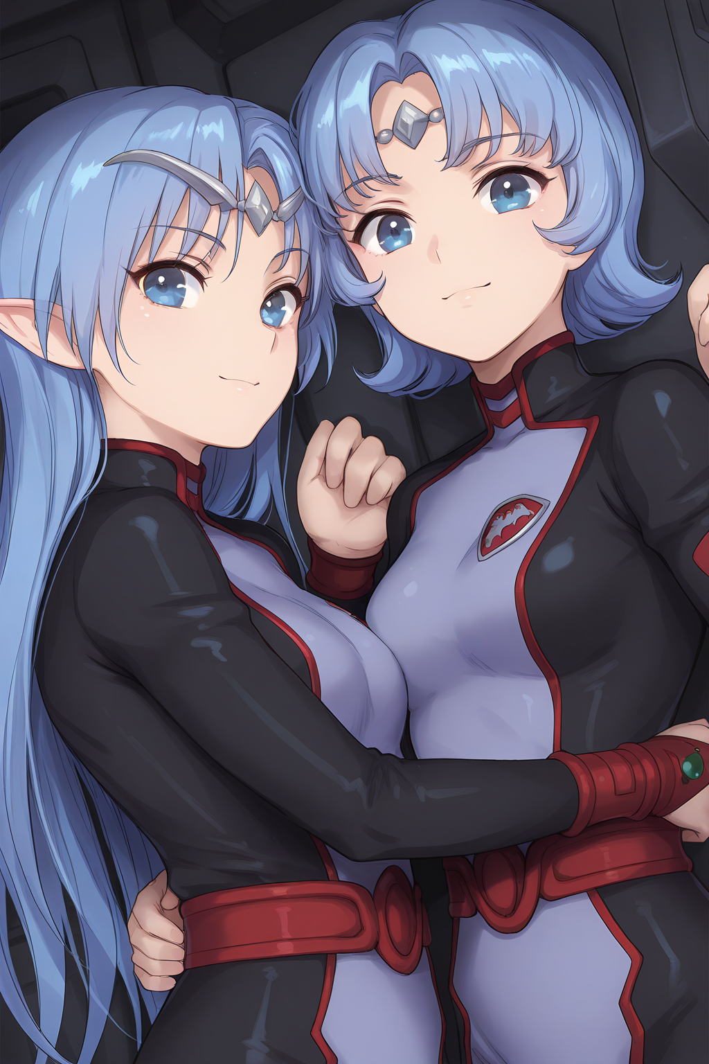 2girls, ALHairstyle, ALOutfit, ETHairstyle, ETOutfit,
general, side-by-side, perspective,
dynamic angle, upper body,
blue hair, blue eyes, eyelashes, pointy ears,
shiny skin,
circlet, multicolored bodysuit, emblem, glove, red belt,
hug, looking at viewer, smile,
science fiction, starcraft,
depth of field,
<lora:kp_EkuryuaSeikaiIllustrious_v1_0:1.0>,
masterpiece, best quality, amazing quality