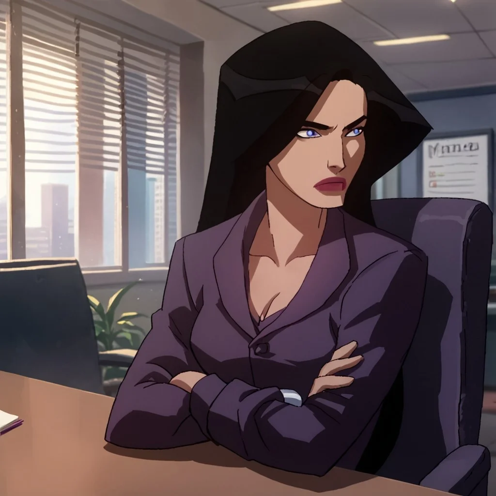 score_9, score_8_up, score_7_up, 1girl, solo, long hair, blue eyes, black hair, lipstick, cleavage, purple jacket,cleavage, purple pencil skirt, indoors, office, looking at the side, Wonder Woman (2009), arms crossed