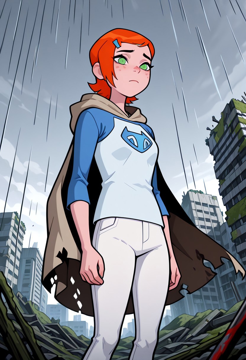 ((screencap, cartoon)) , masterpiece, best quality, amazing quality, very aesthetic, absurdres, newest,
gwenov, orange hair, 1girl,  freckles, shorthair, green eyes, solo, 
raglan sleeves, hairclip,  white pants, 
from below, cloaked up, hood, destroyed city, damaged cloak, moss, post apocalypse, grey sky, raining, sad scene, blood,